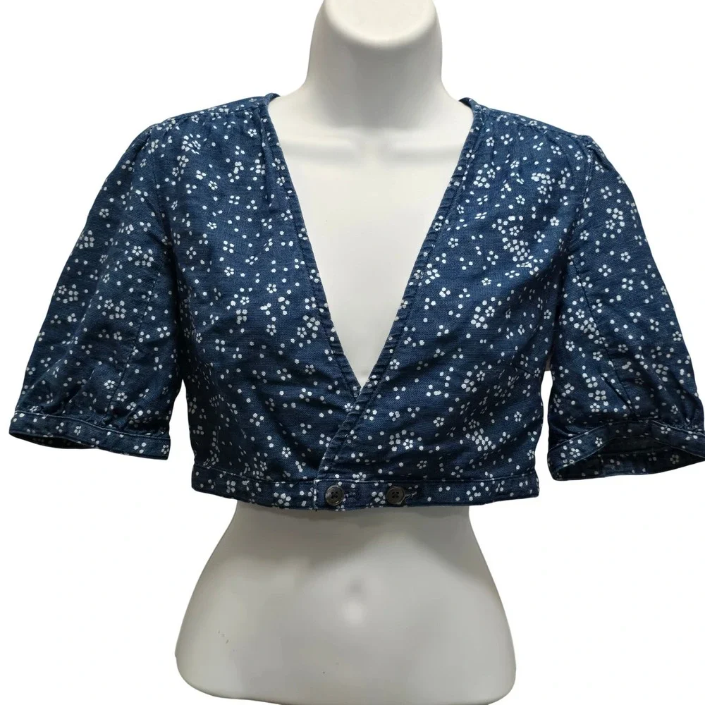 Free People Women Chambray Ditsy Floral Dot‎ Linen Blend Cropped Top Size 0 XXS